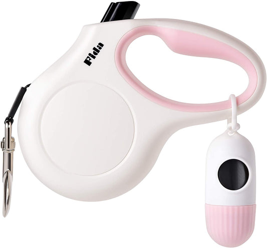 Retractable Dog Leash with Waste Bag Dispenser, 10 Ft Leash for Extra Small Dogs or Cats up to 18 lbs, Anti-Slip Handle, Tangle-Free Design, Reflective Nylon Tape (XS, White)