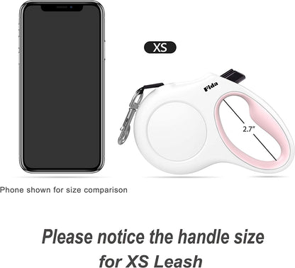 Retractable Dog Leash with Waste Bag Dispenser, 10 Ft Leash for Extra Small Dogs or Cats up to 18 lbs, Anti-Slip Handle, Tangle-Free Design, Reflective Nylon Tape (XS, White)