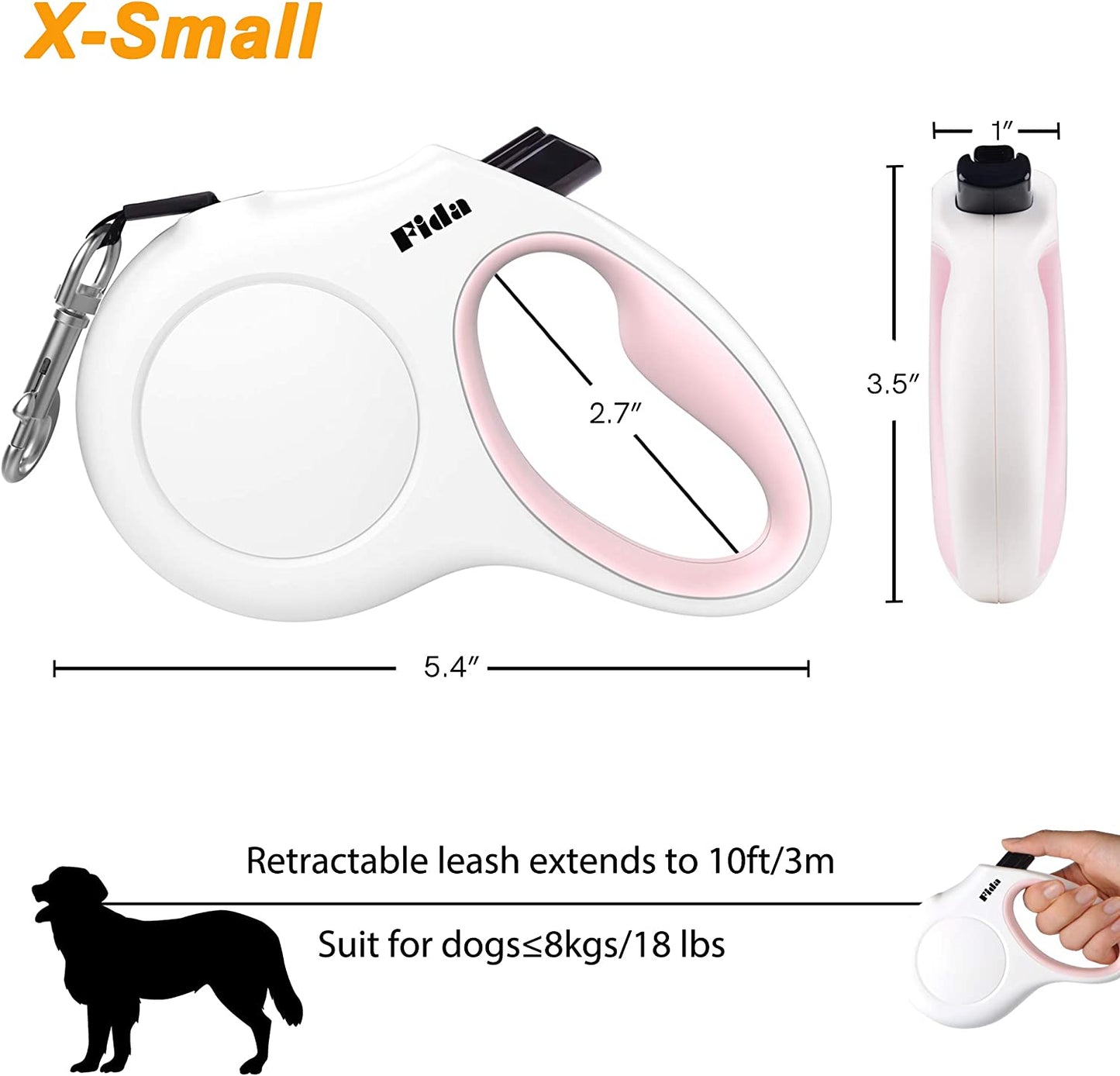 Retractable Dog Leash with Waste Bag Dispenser, 10 Ft Leash for Extra Small Dogs or Cats up to 18 lbs, Anti-Slip Handle, Tangle-Free Design, Reflective Nylon Tape (XS, White)