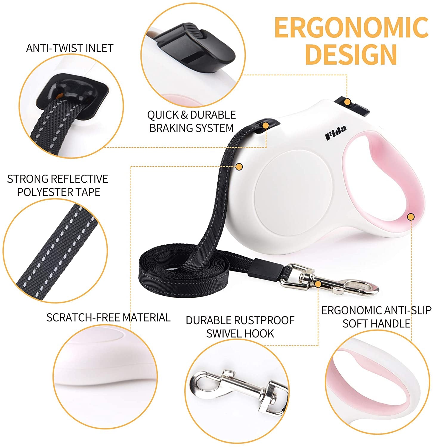Retractable Dog Leash with Waste Bag Dispenser, 10 Ft Leash for Extra Small Dogs or Cats up to 18 lbs, Anti-Slip Handle, Tangle-Free Design, Reflective Nylon Tape (XS, White)