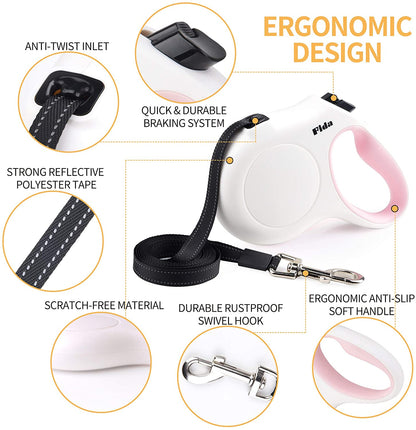Retractable Dog Leash with Waste Bag Dispenser, 10 Ft Leash for Extra Small Dogs or Cats up to 18 lbs, Anti-Slip Handle, Tangle-Free Design, Reflective Nylon Tape (XS, White)